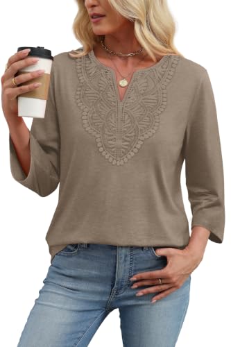 Image of WIHOLL 3 /4 Length Sleeve Womens Tops Boho V Neck Lace Shirt Trendy Blouses Dressy Casual Vacation Clothes S-3XL