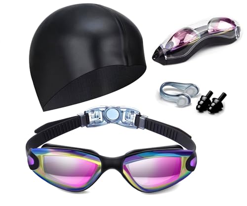 Hurdilen Gafas de natación sin fugas con clip para la nariz, tapones para los oídos, gorro de natación y funda para hombres y mujeres