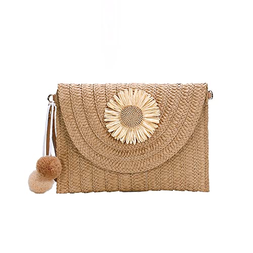YDQUANI Stroh-Umhängetasche Damen Stroh-Clutch Handtasche Stroh Crossbody-Tasche Sommer Strand gewebt Umschlag Geldbörse Geldbörse, khaki Cover
