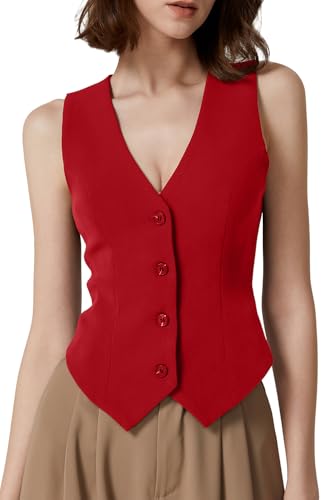 QINSEN Womens Button Down Vest V Neck Sleeveless Fully Lined Slim Fit Vest Blazer Red L