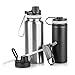 Sports Water Bottles with Assorted Lids: Set of 2 BPA Free Stainless Steel Sport Hydration Bottles with 4 Lid Options - For  All Sports - Small 20 oz Matte Black Bottle and Large 32 oz Silver Bottle