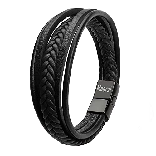 Maerzl Mens Bracelet Leather Stainless Steel Clasp Wrap Genuine Leather Braided Bracelet Wrist Cuff Bangle (Black Leather 7.5") #TOP2