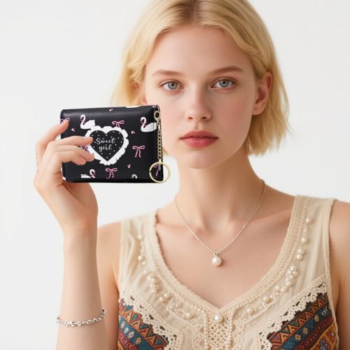 Image of Sunwel Fashion Cute Coquette Bow Wallet with Key-chain for Women Girls | Mini Wallet, ID Window, Cash Slot, 7 Card Slots
