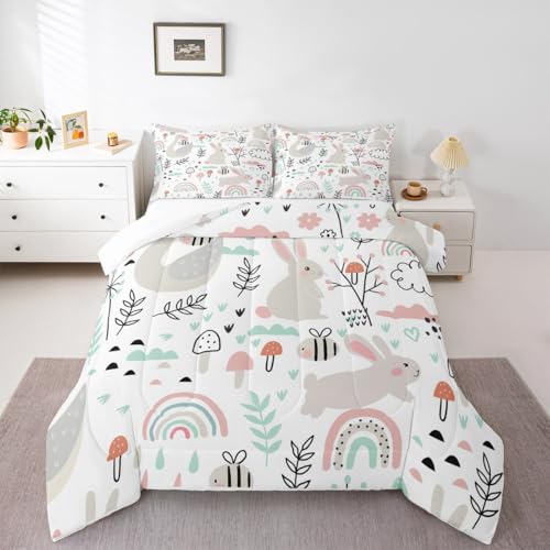 Image of Feelyou Cartoon Goose Bunny Comforter Set Full, Cute Rabbit Comforter Set Cartoon Rainbow Comforter Botanical Leaves and Flowers Duvet Set Lightweight Quilt Set