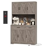 HOSTACK 71' Pantry Cabinet with Charging Station, Tall Kitchen Pantry Storage Cabinet with Microwave Stand, Farmhouse Kitchen Hutch with Storage Drawers for Living Room, Dining Room, Ash Grey