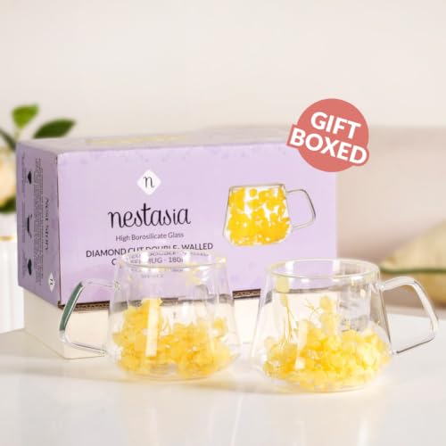 Image of Nestasia Double Wall Glass Mug with Dried Flowers Set of 2 (180ml Each) - Transparent Borosilicate Floral Glass Tea Cups | Lightweight & Durable Coffee Mugs - Perfect for Gifting (Yellow)