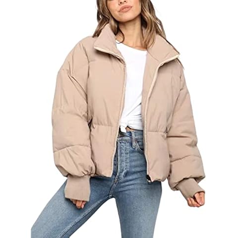 Unilexi Womens Casual Cropped Puffer Jackets Oversized Padded Stand Collar Winter Coats(0079-Khaki-L) Cover