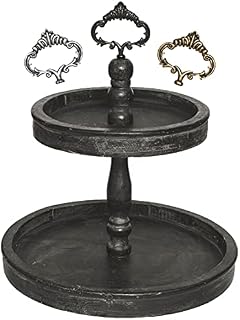 Large Distressed Rustic Wood Two Tiered Tray, Felt Creative Home Goods 2 Tier Serving Tray for Coffee Bar, Kitchen, Dining Room Table, Cupcake Stand, Holiday and Farmhouse Decor (Round, Black)