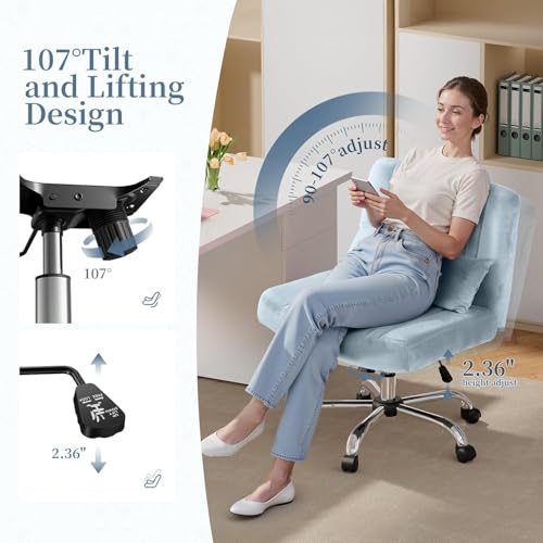 Image of Velvet Criss Cross Desk Chair with Wheels, Luxury Cross Legged Office Office, Swivel Wide Seat Vanity Chair, Armless Adjustable Height Gaming Chair Gift, Dusty (2, Light Blue)