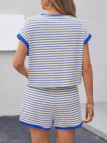 Image of Tankaneo Womens Summer 2 Piece Sets Striped Short Sleeve T Shirts and Shorts Loungewear Matching Set