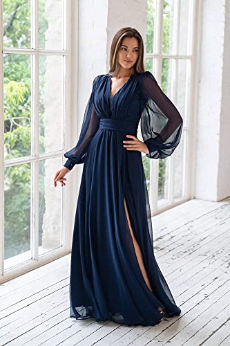 Long Sleeve Bridesmaid Dresses for Women Chiffon Formal Dress Long Prom Evening Dresses with Slit3