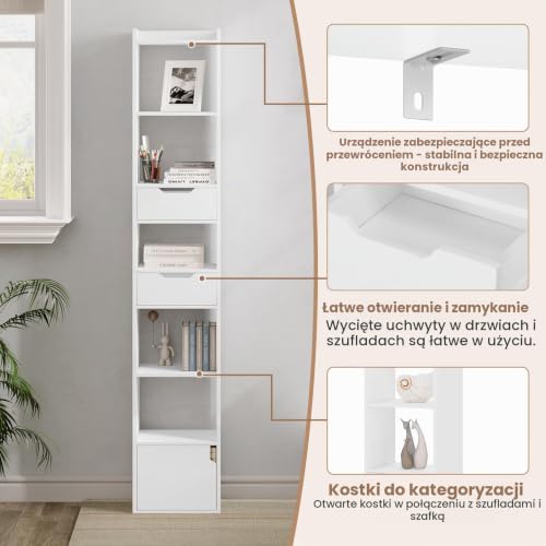 WOLTU regał na książki, stojący, do przechowywania, regał biurowy, z 6 półkami, 2 szuflady, 1 drzwi, z materiału drewnopochodnego, do salonu, sypialni, biura, biały, SK042ws