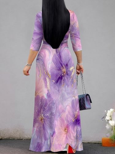 Image of SUZONANA Plus Size Dresses for Women Floral Print Maxi Dress Flowy 3 /4 Sleeve with Belt