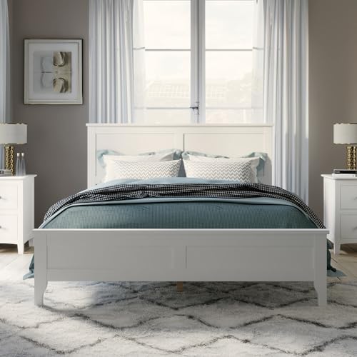 Image of Harper & Bright Designs Full Size Modern Platform Bed Frame, Solid Wood Platform Bed Frame with Headboard, Wood Slat Support, No Box Spring Needed, for Living Room, White