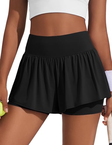 PINSPARK Flowy 2 in 1 Running Shorts for Women High Waisted Tennis Athletic Short Workout Gym Skorts with Pockets