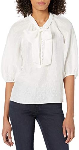 Rebecca Taylor Women's Puff Sleeve Blouse with Tie at Neckline, Snow Combo, 16
