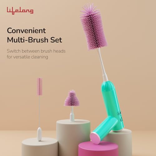 Image of Lifelong Cuppy Electric Bottle Cleaner Brush | Soft Silicone Bristles | Rechargeable, Baby Feeding Bottle Nipple Brush | Ideal for All Bottles, Straws, Corners | Easy to Clean | Removes Oil, Pink