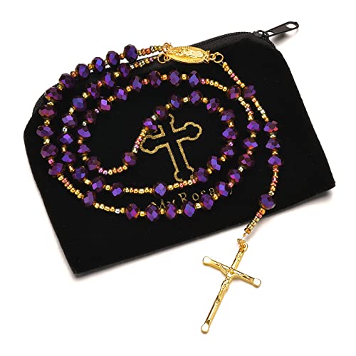 Crystal Bead Rosary Handmade Elegant Necklace Stainless Steel Beads with Our Lady of Holy Mary Medal and Crucifix Cross Spiritual Talisman for Women Girls