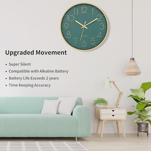 Foxtop Modern Wall Clock 12 Inch Silent Non Ticking Battery Operated Round Quartz Gold Wall Clock for Living Room Bedroom Kitchen Office Classroom Decor (Dark Green Dial)