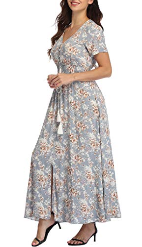 Image of VintageClothing Women's Floral Maxi Dresses Boho Button Up Split Summer Casual Long Dress Beach Party Dress