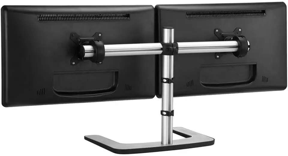 Atdec Freestanding Dual Horizontal or Single Monitor Desk Mount, VESA 75/100, Max Load 9kg Curved or 12kg Flat Screens, Polished Silver, VFS-DH