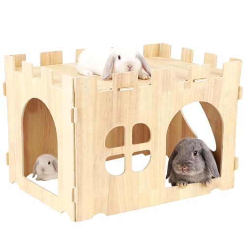 Wooden Rabbit House Wide Rabbit Hideout Spacious & No Nails Assemble Pet Castle Playhouse Safe Hamster House for Dwarf Hamsters Squirrel Gerbils & Small Pets
