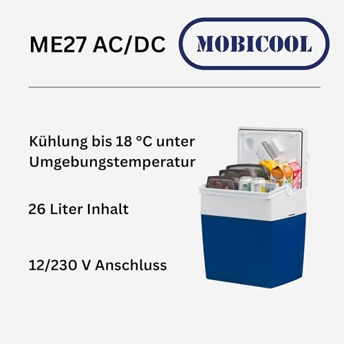 Foto von Mobicool ME27 elektrische Kühlbox, 12V und 230V, 26L, blau - Mini-Kühlschrank für Auto, Camping, Urlaub, Boot, Festivals - leicht, tragbar, mit praktischem Kabelfach und Eco/Max Modus