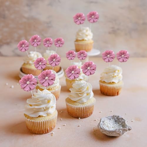 Ephlyn 24Pcs Flower Cupcake Toppers Flower Cake Topper Decorations Spring Cupcake Picks Flower Theme Spring Birthday Wedding Bridal Baby Shower Birthday Party Decoration Supplies Dark Purple - Thumbnail 7