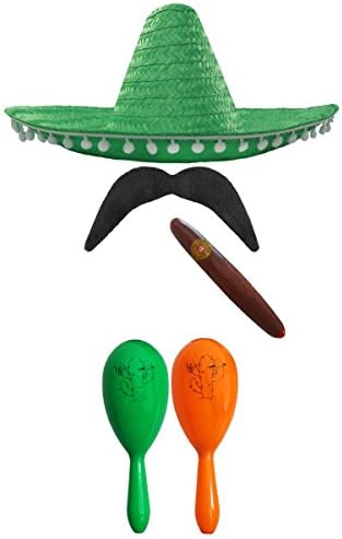 MEXICAN FANCY DRESS ACCESSORY SET. MEXICAN SOMBRERO + MARACAS + TASH. PERFECT FOR MEXICAN FANCY DRESS COSTUMES SENORITA BANDIT MARIACHI (BLACK POM POM SOMBRERO + GREEN AND RED MARACAS)