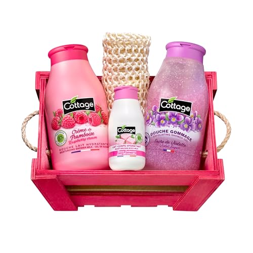 Cottage Coffret Cadeau Crème de Framboise - 1 Gel douche + 1 Douche Gommage + 1 Lait Corps Hydratant + 1 gant exfoliant - Fabriqué en France
