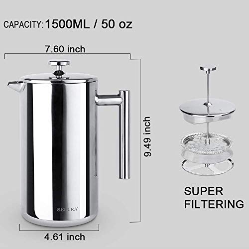 Secura French Press Coffee Maker, 304 Grade Stainless Steel Insulated Coffee Press with 2 Extra Screens, 50oz (1.5 Litre), Silver by Secura - Image 5