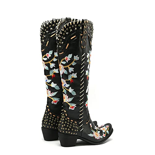 Cowboy Boots for Women Knee High Cowgirl Boots Black Western Style Embroidery Chunky Heel High Boots3
