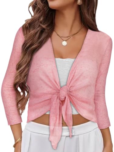 Image of Women Crop Cardigan Sheer Mesh Bolero Shrug for Dress Tie Front 3 /4 Sleeve Tops
