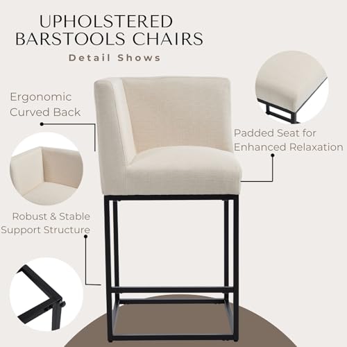 Image of HNY Modern Counter Height Bar Stools Set of 3, Linen Upholstered Contemporary Barstools with Back, 27 Inch Bar Chairs with Black Metal Frame for Kitchen Island, Cream