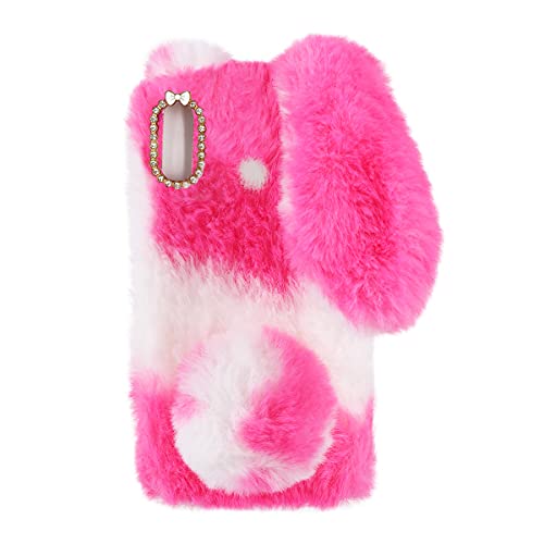 Pink Fluffy Fur Plush Case For Moto E 2020: Cute Spotted Bunny Furry Girly Cover 3D Animal Fuzzy Protective Case Faux Rabbit Cony Hair Kawaii Cartoon Fun Women Case For Motorola Moto E (2020) #TOP12