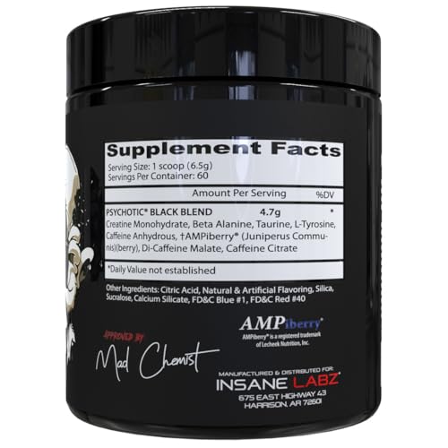 Image of Insane Labz Psychotic Black Edition Mid Stimulant Pre Workout Powder, Energy Focus Pumps, Loaded with Creatine Beta Alanine Taurine Fueled by AMPiberry, 60 Servings (60, Grape)