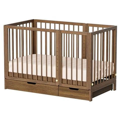 JOYMOR 8-in-1 Convertible Crib with Drawer, Include 2" Mattress, Convert from Mini Crib, Mid Crib to Full Crib, 8 Height Adjustable, Undercrib Storage Drawers (Honey Wood) Cover