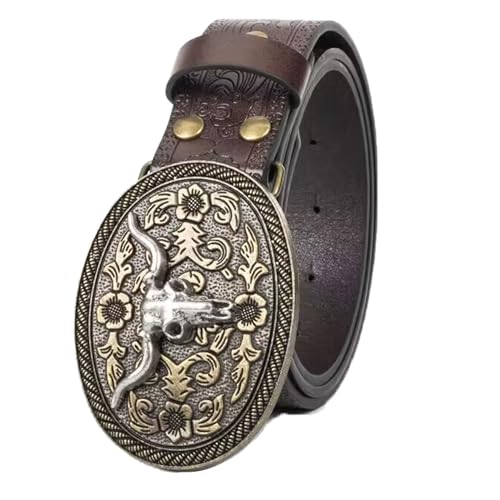 KorhLeoh Cintura da cowboy in pelle occidentale con fibbia, per uomo e donna, jeans incisi floreali, Longhorn Bull Texas, cintura con fibbia (vita 84-104 cm), Bull-caffè, for 84-94cm waist