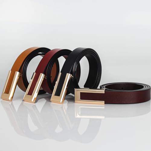 Image of Women's Fashion Classic Metal Buckle Leather Belt with Jeans Dress