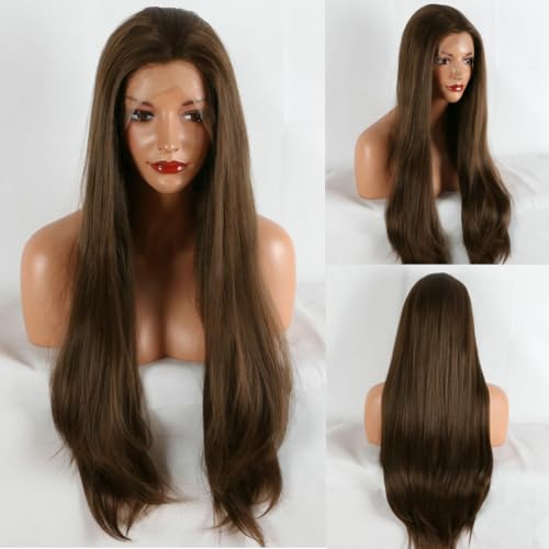 Kalisa Brown Lace Front Wig for Women High Density Long Silky Straight Dark Brown Natural Color Glueless Wig Heat Resistant Fiber Synthetic Pre Plucked Wigs for Daily Use Cosplay 24inch