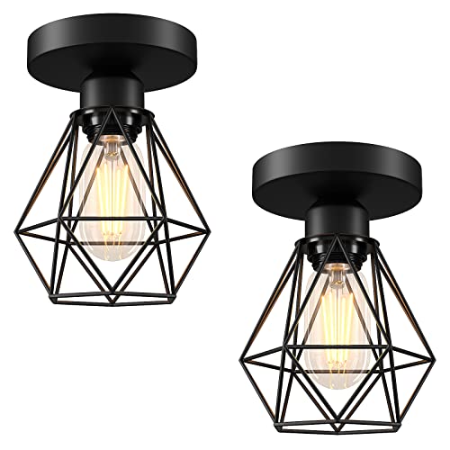 FadimiKoo 2-Pack Semi Flush Mount Light, Black Hallway Light Fixtures, Farmhouse Metal Cage Pendant Indoor Modern Ceiling Lamp for Kitchen, Porch, Bedroom (LED Bulbs Included)