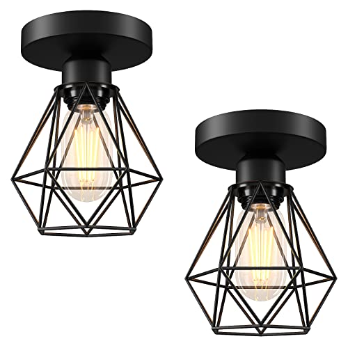 FadimiKoo 2-Pack Semi Flush Mount Ceiling Light, Black Hallway Light Fixtures Ceiling Mount, Farmhouse Metal Cage Pendant Indoor Modern Ceiling Lamp for Kitchen Porch Bedroom (LED Bulbs Included)