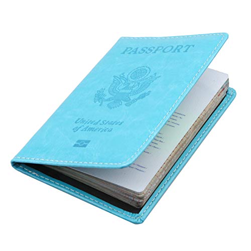 PU Leather Passport Cover Wallet RFID Blocking Name Card Case Travel Accessories Organizer (Sky Blue)