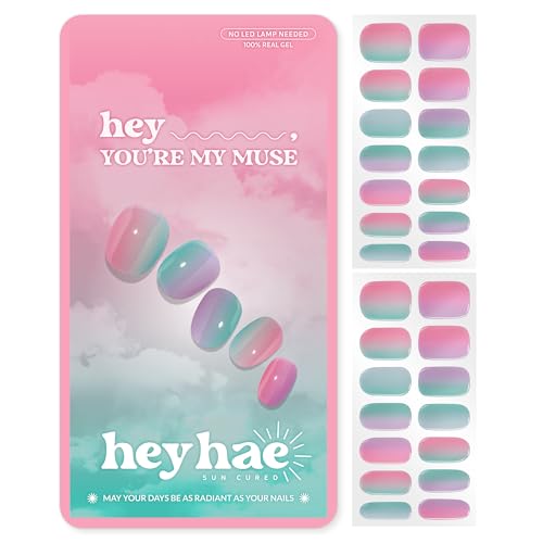 Heyhae Semi Cured Gel Nail Strips | No LED Lamp Needed | Pink, Rainbow | Easy Apply & Remove, Salon Quality | Includes 28 Strips, 2 Prep Pads, Nail File & Wooden stick - Hey, You're My Muse