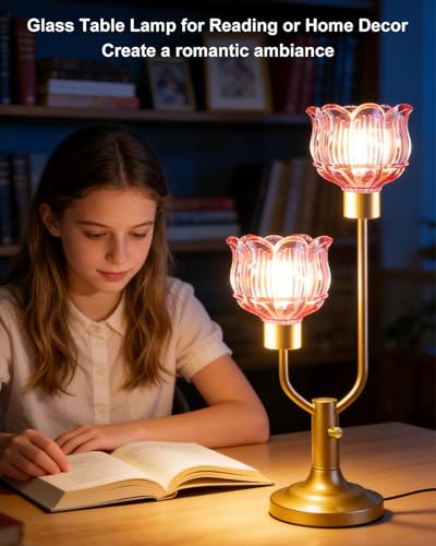 Image of Lightdot Mid Century Modern Table Lamp Vintage Flower Lamp Gift Dimmable | Pink Glass Nightstand Lamp Gold Desk Lamp 2 Bulbs Included Warmwhite Ambient Bedside Lamps for Bedroom Living Room Home Decor