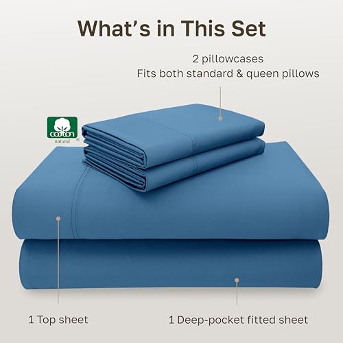 Image of California Design Den Natural 100% Cotton Bed Sheets Full Size Set - Luxury 600 Thread Count Sateen, Fully Elasticized Deep Pockets, Crisp and Durable - Parisian Blue