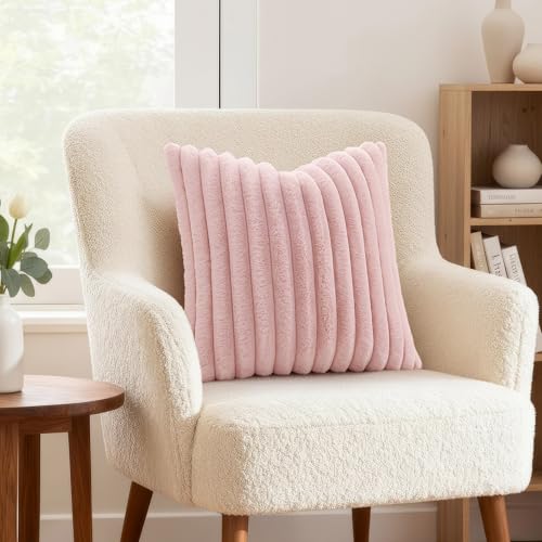 Image of decorUhome Fall Cozy Faux Fur Throw Pillow Covers 18x18 Set of 2 Decorative Soft Plush Striped Modern Farmhouse Boho Couch Pillow Cases with Velvet Back for Sofa Bed Living Room, Pink