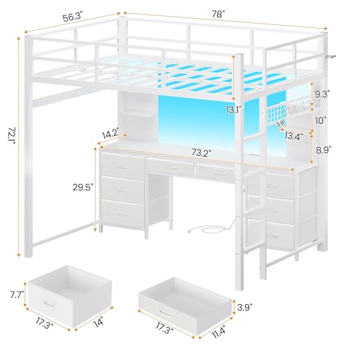 ADORNEVE Full Size Loft Bed with Desk and 8 Storage Drawers, Metal Loft Beds Full with LED Lights & Charging Sation, Heavy Duty Loft Bed Frame with 6 Storage Shelves, Space-Saving, Noise Free,White