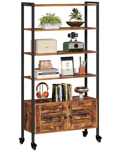 IRONCK Bücherregal mit Türen, Standregal 5 Ebenen mit Rollen, Regal Holz Metall, Industriell Bücherschrank mit verstellbaren Ablagen, Bookshelf für Wohnzimmer, Büro, Küche, Arbeitszimmer