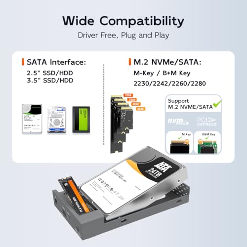Image of MAIWO Dual Bay Enclosure for M.2 NVMe SATA SSD and 2.5 3.5 inch SATA SSD HDD, External Hard Drive to USB C Adapter, 10Gbps 32TB Capacity【DO NOT Support Clone】